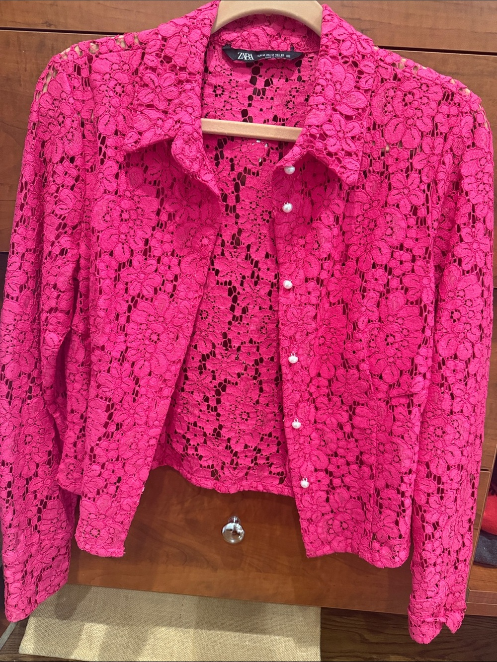 Zara Hot Pink Lace Button-Up Blouse